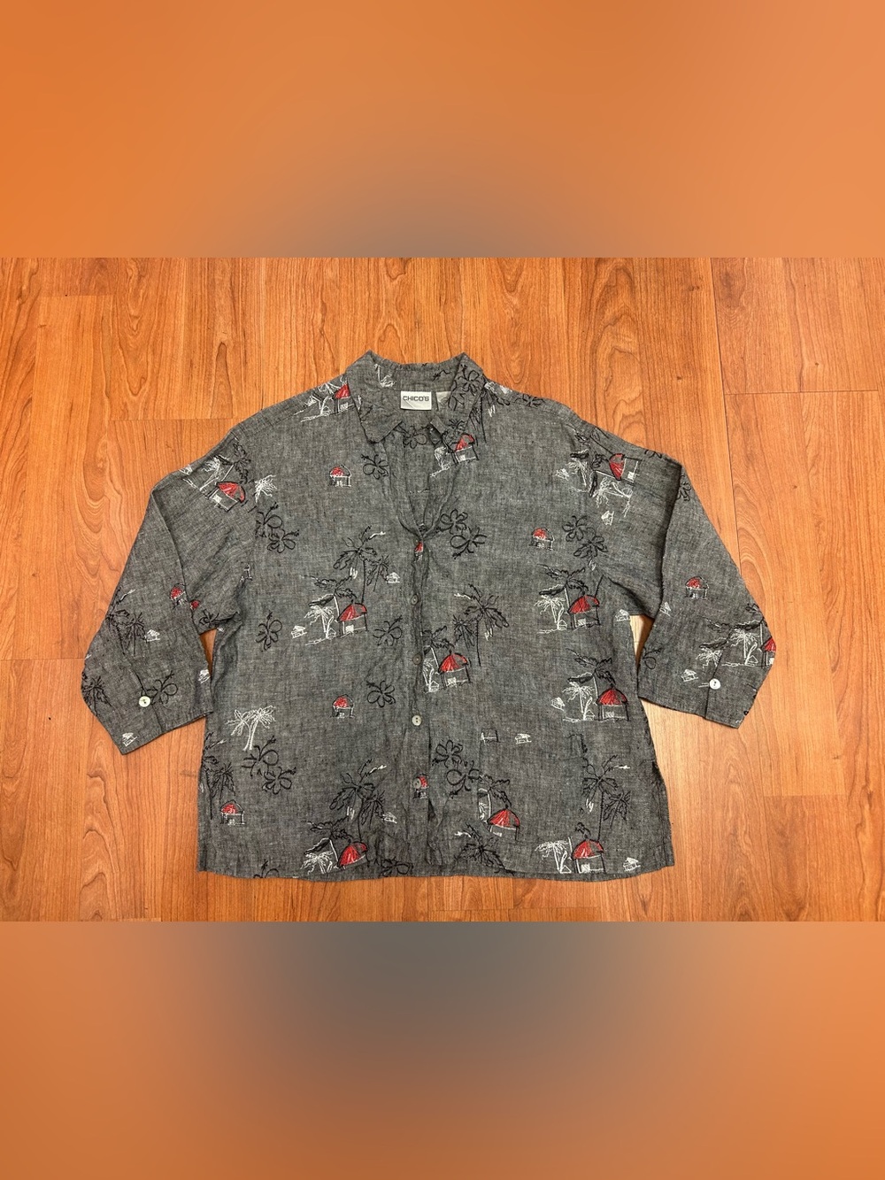 Vintage Chico’s 100% Linen, Embroidered 3/4 Sleeved, Button-Down Shirt, Size 1
